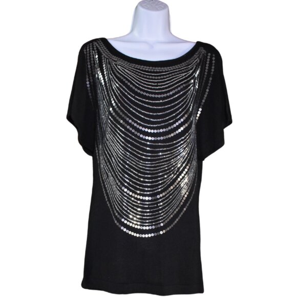 Cache Black Sequin Blouse Size M Embellished Sparkle Top Party Evening Glam - Picture 1 of 16
